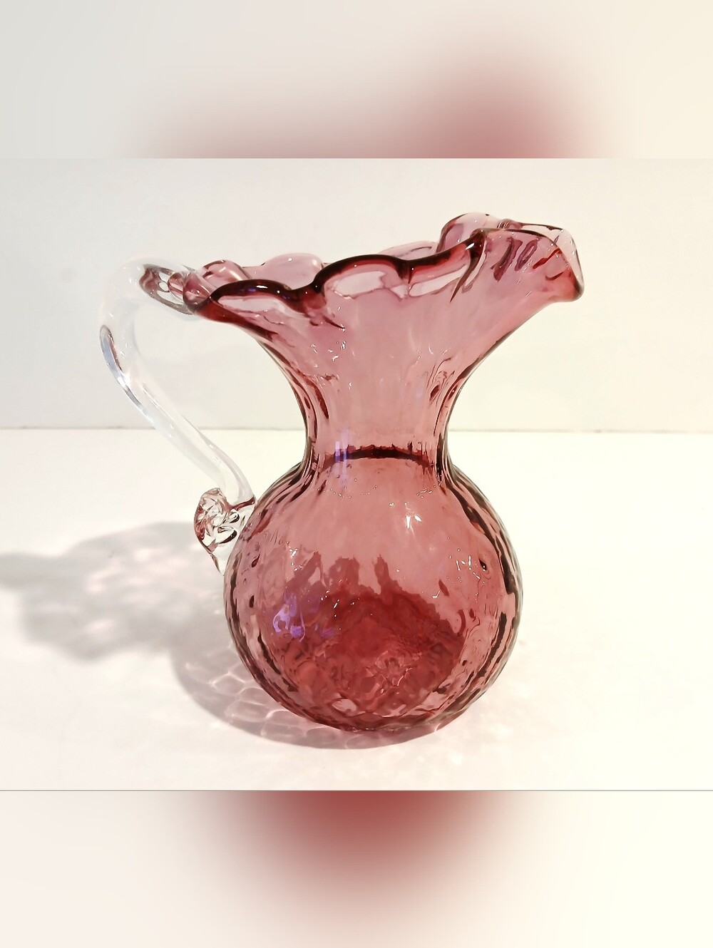 Vintage Cranberry Ruffled Blown Glass Pitcher - Textured Cranberry Pink